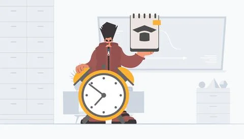 Individual with interesting and caution clock, learning subject. Trendy sty.. Stock Illustration