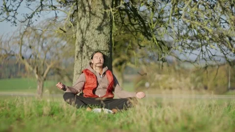 Individual Practicing Meditation in a Natural Setting Beneath a Large Tree Stock Footage 302656548