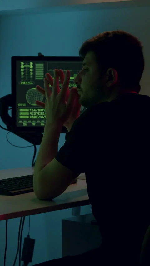 Individual seated at a desk with multiple computer monitors displaying code and Stock Footage 313925772