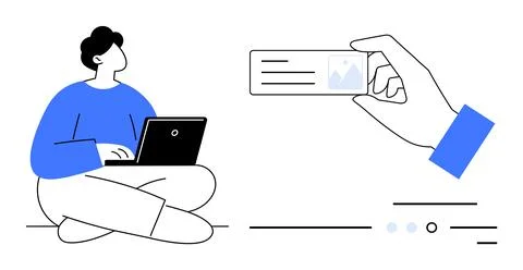 Individual sitting cross-legged using laptop while hand holds digital ID card 스톡 일러스트