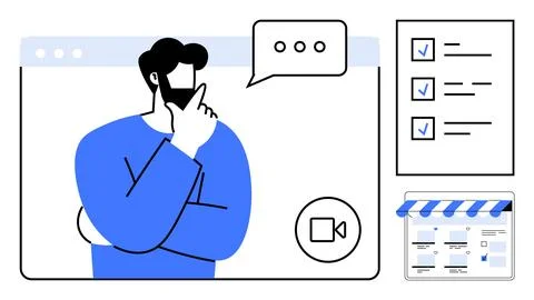 Individual thinking during a video call shown within a computer window, check 스톡 일러스트