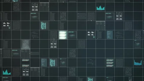 Individual tiles of a computer system screen showing code graphs data display 動画素材 169714499