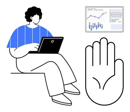 Individual using laptop for data analysis with hand gesture and data chart Illustrazione stock