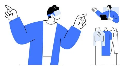 Individual wearing VR headset pointing to clothes on a rack. Laptop user brow イラスト素材