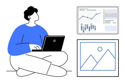 Individual Working on Laptop with Data Analytics and Image Editing Tools Illustrazione stock
