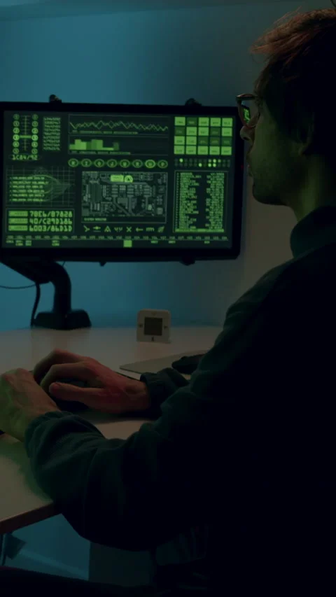 Individual working on multiple computer screens in a dimly lit room, analyzing Stock Footage 315442094
