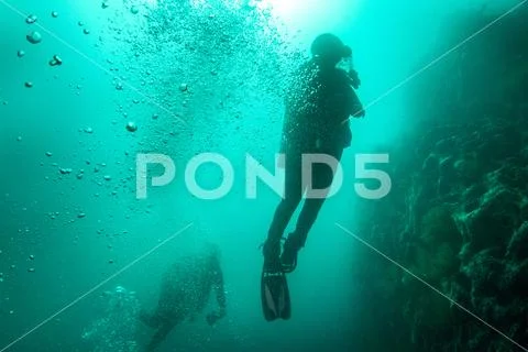 , individuals diving in the waters near Gordon Rocks Stock Photos