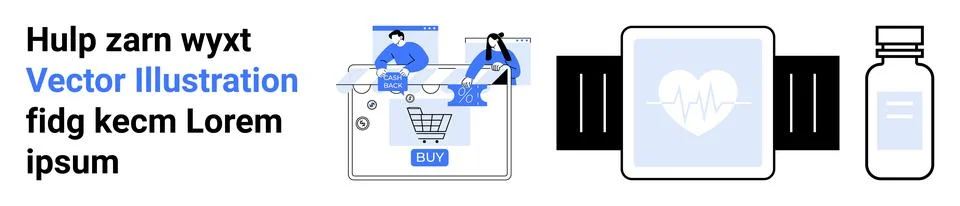 Individuals interacting with e-commerce elements, including online shopping c Illustrazione stock