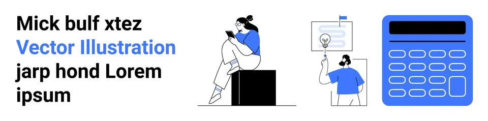 Individuals reading and presenting, with a large blue calculator. Ideal for e Stock Illustration