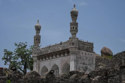 Indo Islamic Heritage Mosque Featuring Ornate Twin Minarets Within Medieval.. Stock Photos