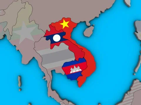 Indochina with flags on 3D map Stock Photos