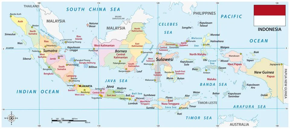 Indonesia administrative vector map with flag Stock Illustration