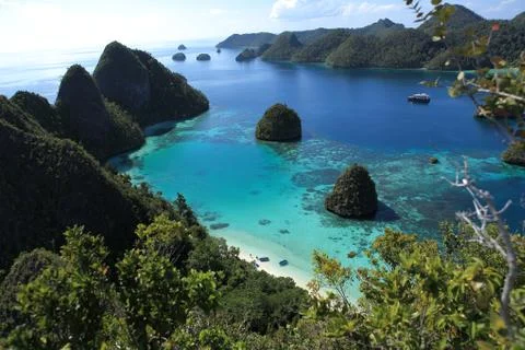 Indonesia, archipelago, many islands, Radja Ampat Lagoon, from high. Stock Photos