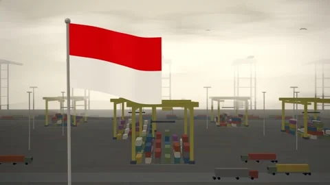 Indonesia Flag Flying Over Container Terminal Stacking Yard seamless loop Stock-Footage 344786597