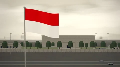 Indonesia Flag Flying Over Embassy Compound Perimeter Wall seamless loop Stock Footage 345133152