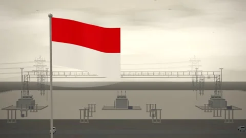 Indonesia Flag Flying Over High Voltage Electrical Substation seamless loop Stock-Footage 344784491