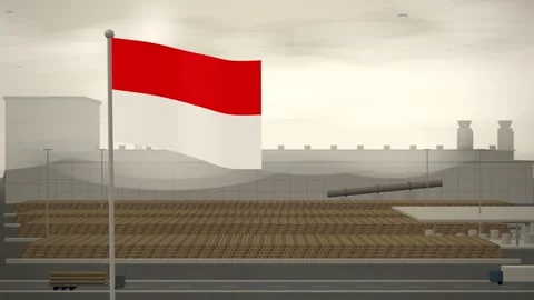 Indonesia Flag Flying Over Paper Mill Log Yard seamless loop Stock Footage 345379545