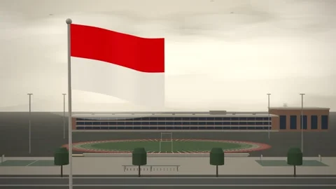 Indonesia Flag Flying Over School Campus Running Track seamless loop Stock Footage 345381884