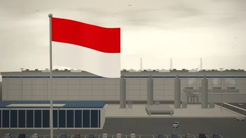 Indonesia Flag Flying Over Semiconductor Fabrication Plant Cleanroom seamless Stock Footage 344786771