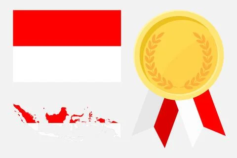 Indonesia flag with map and gold medal in set for web and banners or app an.. Stock Illustration