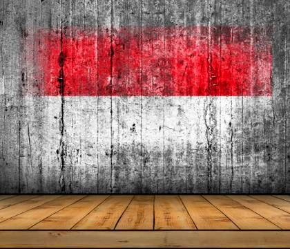 Indonesia flag painted on background texture gray concrete with wooden floor Stock Photos