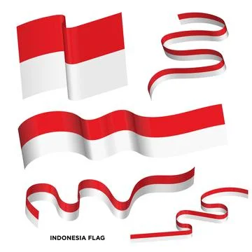 Indonesia flag ribbon vector set, wavy indonesian flag collection Stock Illustration