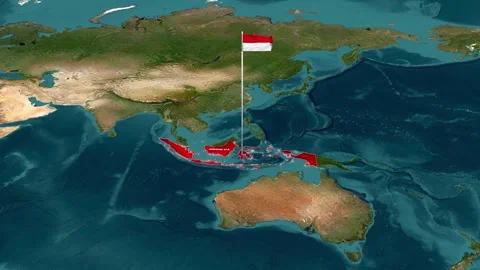 Indonesia flagged on earth map with surrounding continents aerial view video Video stock 342331667