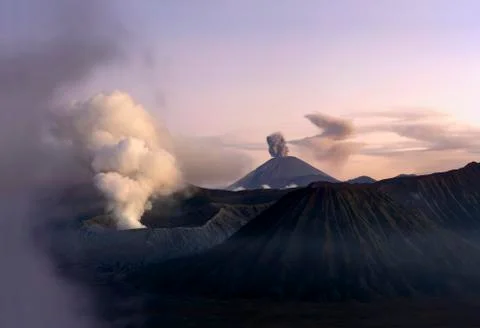 Indonesia, Java, Volcanos Bromo, Batok and Semeru in evening light Photos
