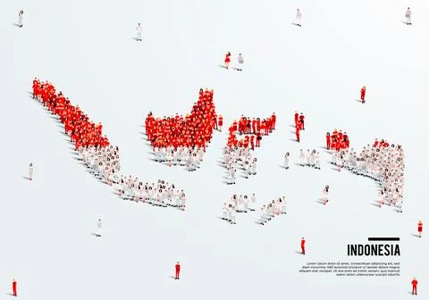 Indonesia Map and Flag. A large group of people in the Indonesian flag color. Stock Illustration