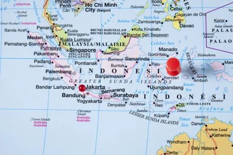 Indonesia map with red push pin Stock Photos
