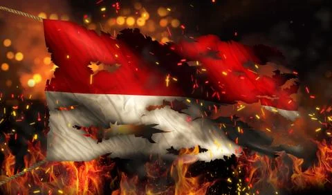 Indonesia monaco burning fire flag war conflict night 3d Stock Illustration