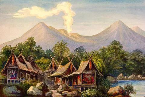  Indonesia: Papandayan Volcano, Java. Watercolour by the German scientist ... Stockfoto's