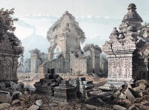  Indonesia: Ruins of Prambanan, Java, in 1852. This coloured lithograph de... Stock Photos