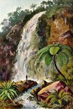  Indonesia: A waterfall on a volcano side in Java. Watercolour by the Germ... Stock Photos