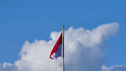 Indonesian flag fluttering in the wind, against the background of white clo.. Stock Footage 240528076