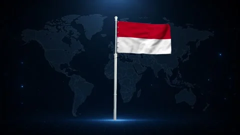Indonesian flag waving in front of a digital world map. Stock Footage 340414030