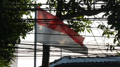 Indonesian flag waving in wind behind urban power lines, red and white bico.. Stock Footage 345198599