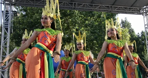 Indonesian folk dance group performing in Plovdiv,, Bulgaria Stock Footage 93889407