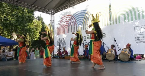 Indonesian folk dance group performing in Plovdiv, Bulgaria Stock Footage 93889886