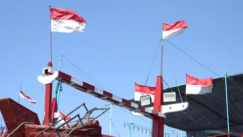 Indonesian red and white flags fluttering, celebrating Independence Day. Stock Footage 333164412