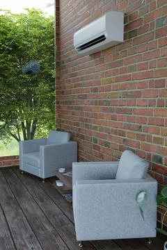 Indoor air conditioning unit in a room with a window and armchairs 3d Illustrazione stock