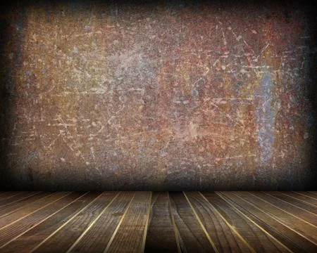 Indoor backdrop with distressed rusty wall and wood floor 스톡 일러스트