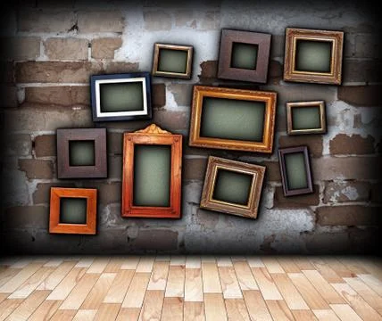 Indoor backdrop with painting frames hung on old brick wall Stock Illustration