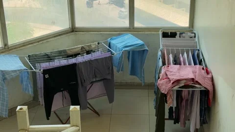 Indoor Clothes Drying Racks By Sunny Window Stock Footage 340849832