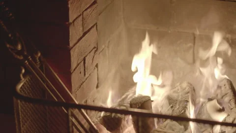 Indoor Fireplace Camera Pulls Focus Foreground Flames While Stock-Footage 320114046