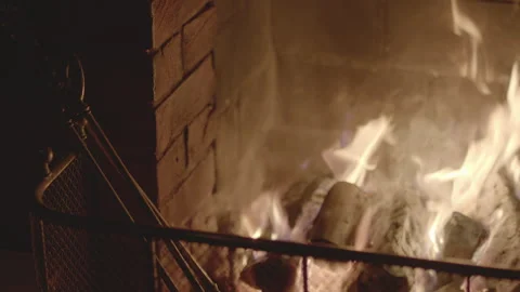 Indoor Fireplace Camera Pulls Focus Flames Foreground Metal Stock-Footage 320114075