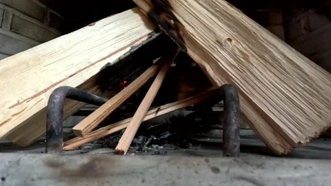 Indoor Fireplace: How To Kindle A Fire Using A Triangular Stacked Firewood Stock Footage 280107660
