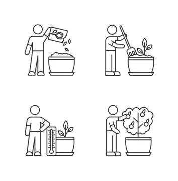 Indoor gardening process pixel perfect linear icons set. Planting. Fluffing soil Stock Illustration