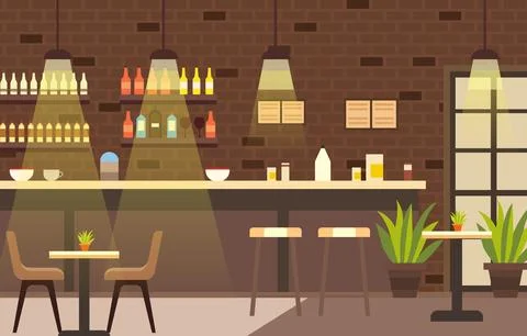Indoor Interior Landscape in Cafe Restaurant with Bar and Chair Table for C.. Stock Illustration