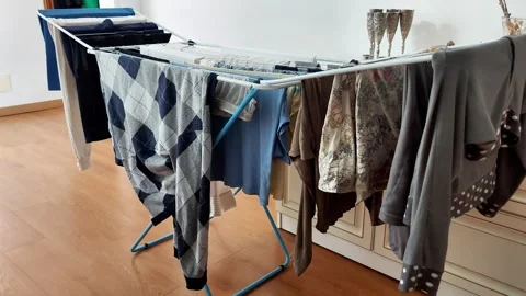 Indoor Laundry Drying on Rack in Cozy Home Setting Stock Footage 319251066